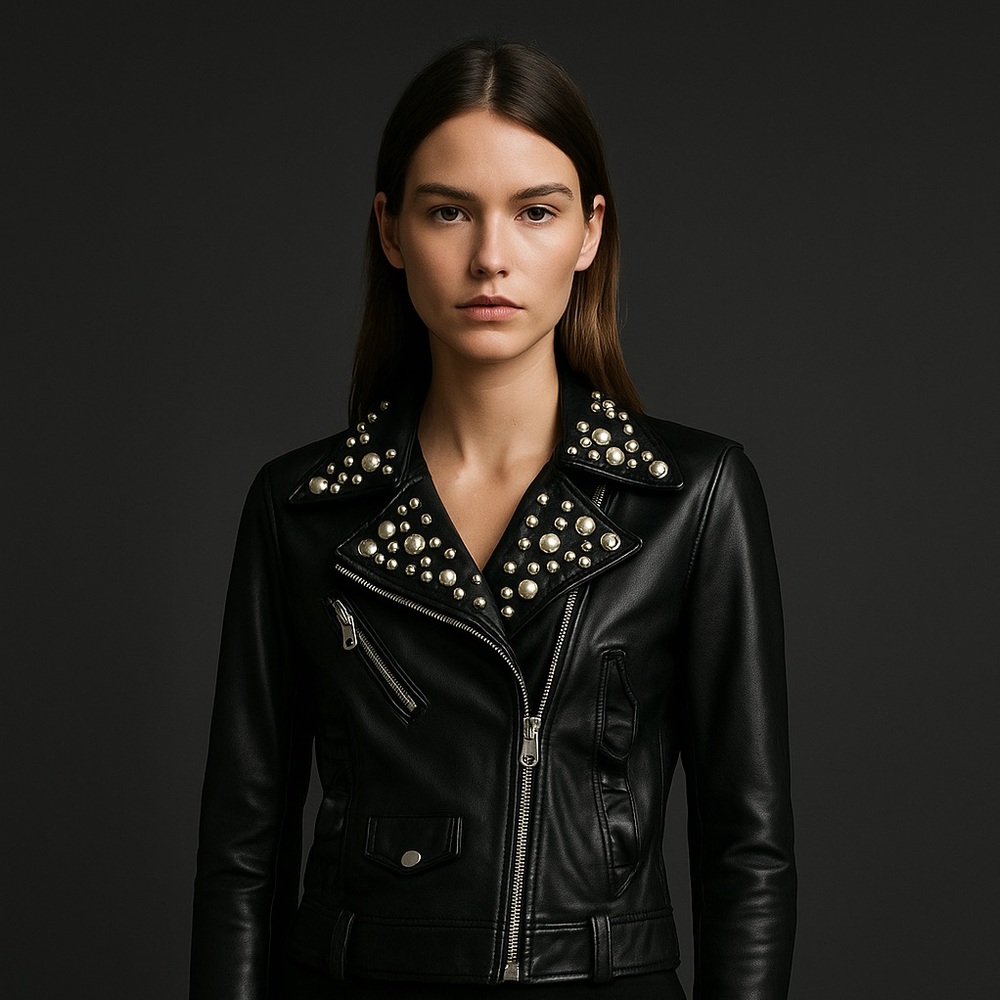 NWT✨ Gucci 2017 Lamb Leather Biker Jacket – Studded & Pearl Detail (IT40 / US 4) - Picture 4 of 13